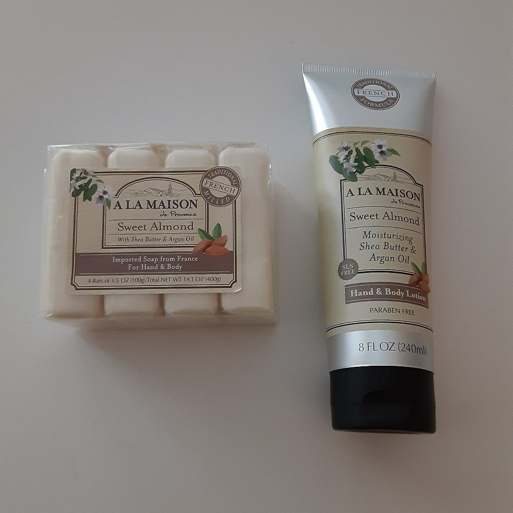 A LA MAISON de Provence Sweet Almond hand & body lotion and (4)bars of Soap